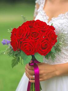 5/25PCS Artificial Rose Flowers, Real Looking Ivory Foam Fake Roses With Stems For DIY Wedding Bouquets Bridal Shower Floral Arrangements Party Tables Home Decorations Valentine's Day And Mother's Day Decorations(Excluding Paper Box) - Red - View 2