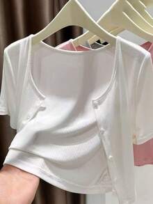 女士不对称纽扣针织开衫，长袖轻薄披肩领外套，黑色/白色/灰色/粉色可选，适合搭配连衣裙 - 羅紋披肩 - 查看 39