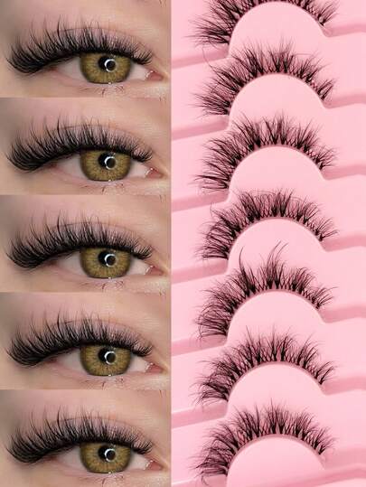  Rikuaild 7 Pairs Natural Look False Eyelashes - Fluffy & Long, Clear Band Lashes, Reusable, Soft & Lightweight, Cat Eye Lashes Strips Eyelash For Alluring Eye Makeup