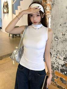 美国性感女士灰色无袖高领紧身背心，弹力修身吊带衫，适合夏季度假 - 白色 - 查看 3