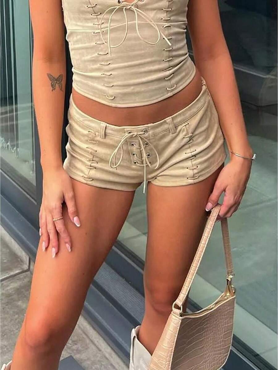 Women's Y2K Faux Suede Low Rise Shorts Lace Up Vintage Retro Hot Pants Summer Casual Festival Wear - 卡其色 - 查看 1