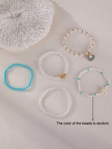 5件套女孩贝壳、爱心、海星和珍珠串珠手链套装 - 彩色 - 查看 4