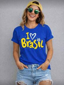 Women's T-Shirt, Brazil Cup Style Blouse, I Love Brazil, Stylish 2026, 100% Cotton, Spring/Summer Style - 藍色 - 查看 1