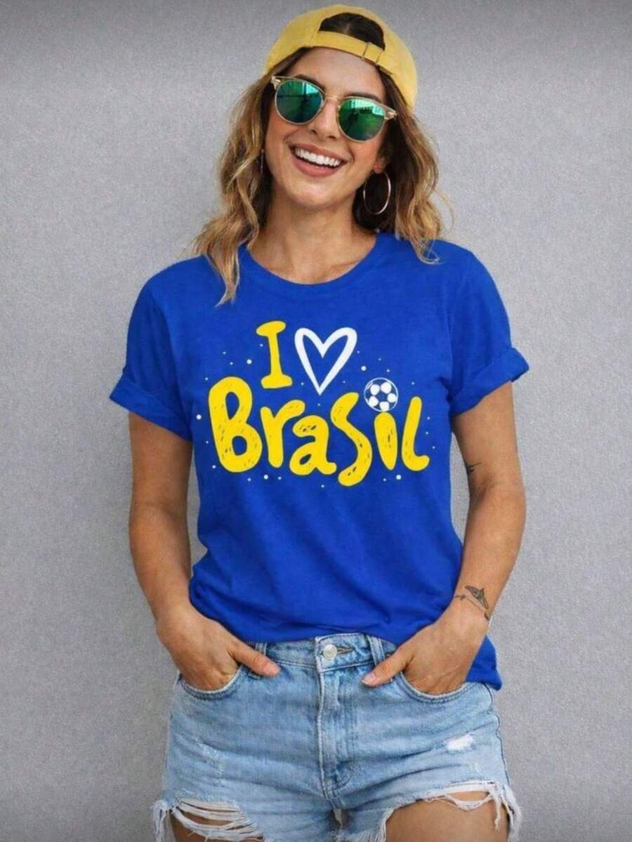 Women's T-Shirt, Brazil Cup Style Blouse, I Love Brazil, Stylish 2026, 100% Cotton, Spring/Summer Style - 藍色 - 查看 1