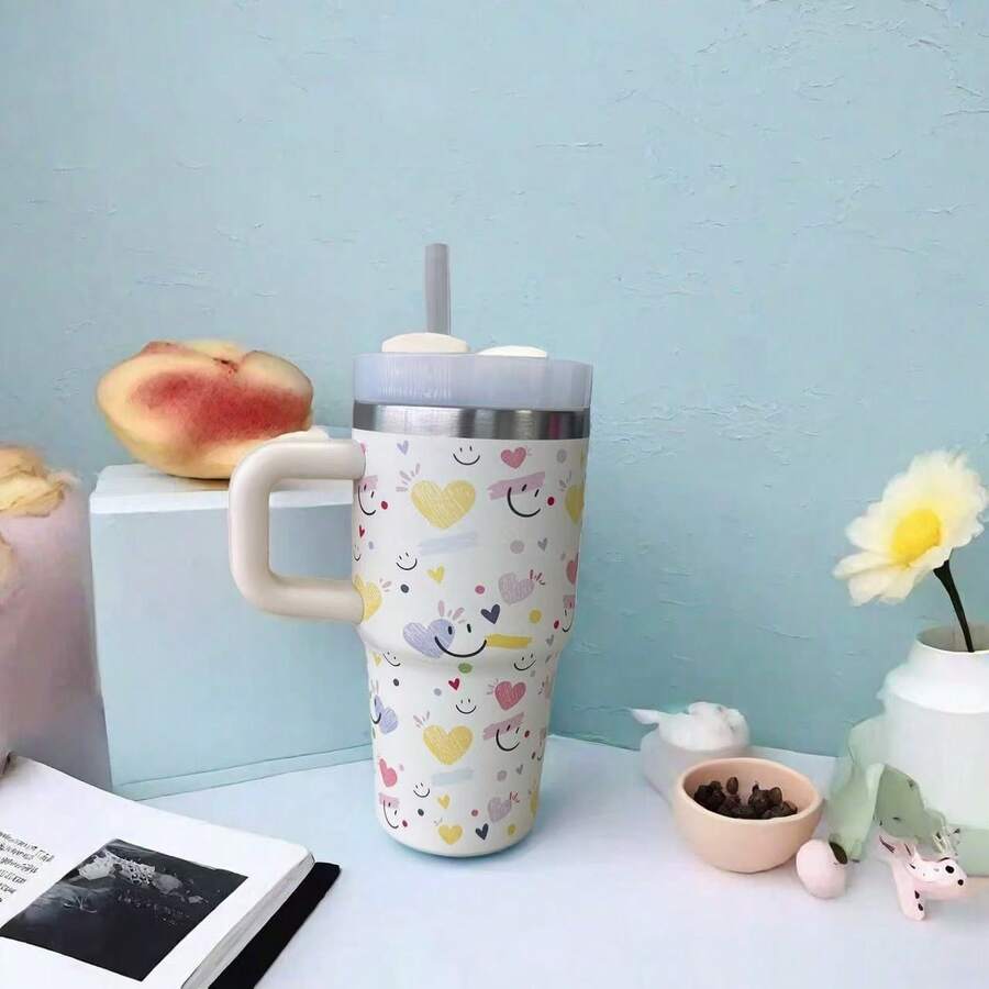 600ml Thermal Mug With Handle, Lid And Straw – Flower Print 1866-600ml - 淺褐色的 - 查看 1