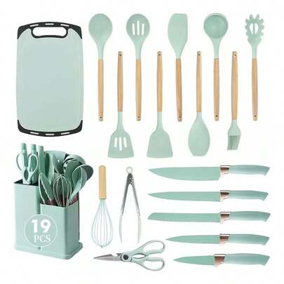 Juego de cuchillos de cocina de silicona de 19 piezas (verde claro)