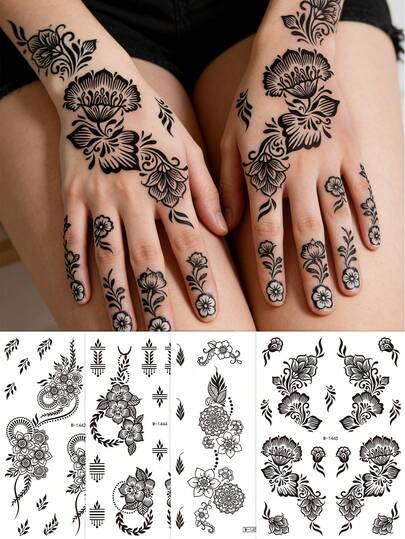 1 Sheets Black Henna Temporary Tattoo Stickers, Waterproof Long Lasting Henna Tattoos, Floral Leaf & Mandala Swirl Design, For Women&Girls, Festival Party, Wedding, Henna Body Art, Black Henna Tattoo, Fake Tattoos