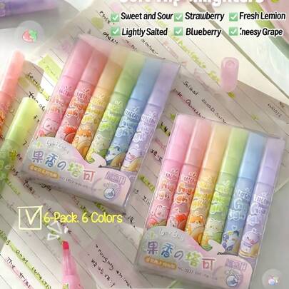 6 Colores Bolígrafos fluorescentes con aroma a fruta, Set de bolígrafos fluorescentes suaves y estéticos, Diseño de punta inclinada suave, Tonos suaves, Bolígrafos fluorescentes de secado rápido, No desangran, Adecuados para diarios, pintura, garabatos y resaltado
