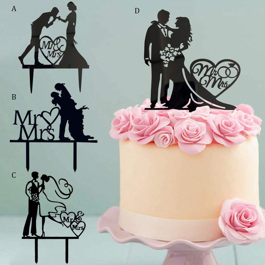 1 pièce/3 pièces Figurine de marié et mariée en acrylique noir, décoration pour gâteau de mariage, fiançailles, anniversaire - Multicolore - Voir 1