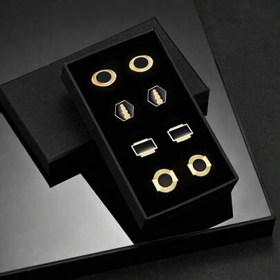4 Pairs Classic Gold & Black Oil Drop Zinc Alloy Cufflinks, Formal Attire Accessory With Gift Box, Suitable For Business Occasions, Gift For Friends & Husbands