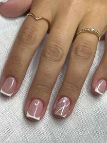 24片法式短款白色亮片线条设计按压式人造指甲，美甲用品 - 彩色 - 查看 1