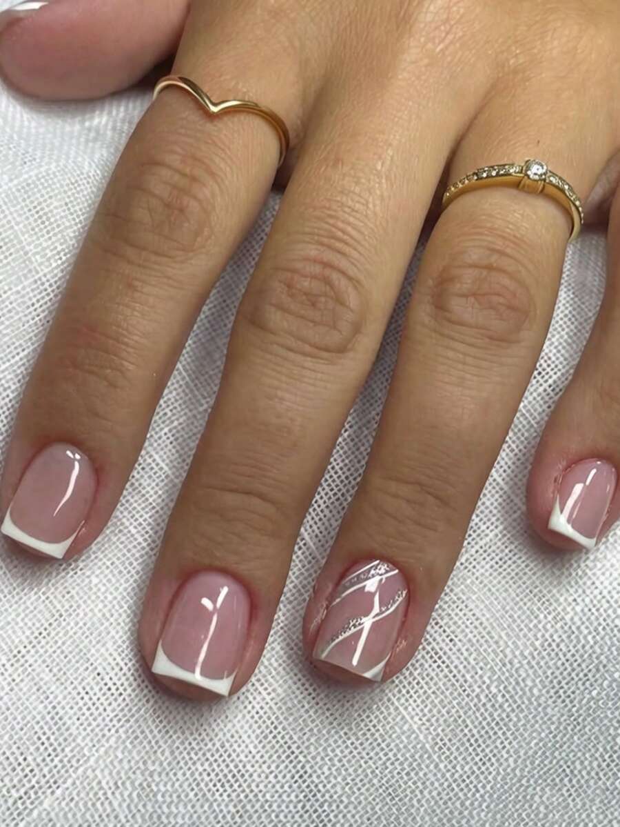 24片法式短款白色亮片线条设计按压式人造指甲，美甲用品 - 彩色 - 查看 1