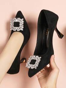 Giày cao gót mũi nhọn, hở gót, chất liệu da lộn màu đen cao cấp đính đá lấp lánh dành cho nữ, kiểu dáng gợi cảm, thích hợp cho tiệc tùng, đi club, đám cưới, công sở và sử dụng hàng ngày, chiều cao gót 8.5cm. - màu đen - Xem 2
