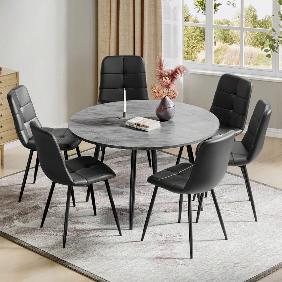 Dining Table And Chairs Set Of 4, Extendable Round Table Concrete Effect Folding Table With Upholstered Linen Chairs For Dining Room,Kitchen - Cement Gray Table + PU Black Chair - View 1