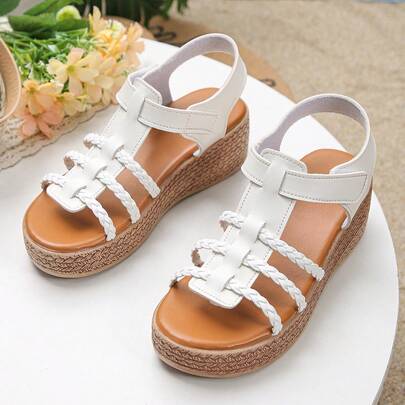 1双女童夏季罗马风高跟凉鞋，时尚简约纯色休闲厚底舒适日常穿着防滑露趾坡跟凉鞋