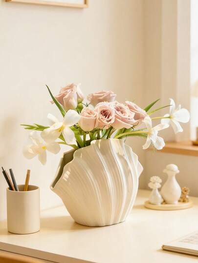 Modern Minimalist Resin Vase, Creamy White Shell Shape With Ridged Texture, Perfect For Desk Decor, Living Room Mantels, And Bedroom Dressers, Ideal For Floral Arrangements With Roses, Lilies, Or Pampas Grass, Aesthetic Boho Decorative Vase (Single Piece, No Set), Sturdy Resin Material, Warm Neutral Tone Complements Any Home Style, Elevate Your Space With This Timeless And Elegant Tabletop Accent