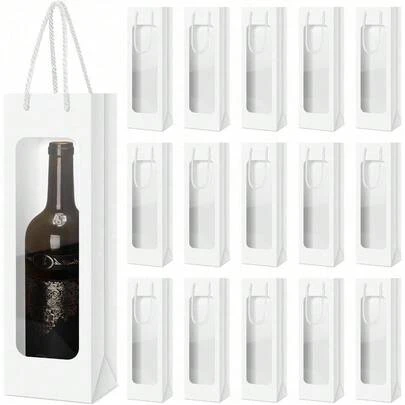 1pc/12Pcs Valentines Day Single Wine Bottle Gift Bag Bulk Wedding Champagne Boxes With Clear Window Handles Reusable Holiday New Year Party Favor(White)