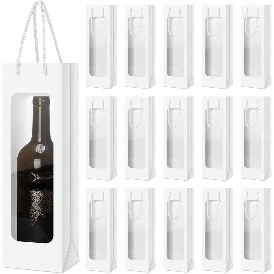 1pc/12Pcs Valentines Day Single Wine Bottle Gift Bag Bulk Wedding Champagne Boxes With Clear Window Handles Reusable Holiday New Year Party Favor(White) - View 1