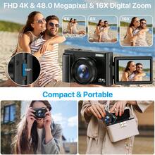 4K Digital Camera For Photography With Auto Focus, 48MP Camera, 180° 3-Inch Flip Screen, 16X Anti-Shake Vlogging Camera, Suitable For Home, Travel, Photo Recording [Memory Card Not Included, Need To Purchase Separately] - 黑色 - 查看 4