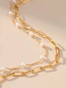1 pieza Tobillera elegante de doble capa con perlas, adecuada para la playa, vacaciones, uso diario, fiestas, gran regalo para amigas y novias - Amarillo Oro - Ver 2