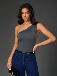 Women's Knit Sleeveless Asymmetric Collar Top, Regular Length, High Elasticity, With Asymmetric Slit Design - Dark Grey - View 5