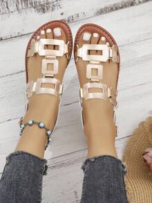 Women's Rivet Hollow-Out Comfortable Flat Sandals, Gladiator Sandals, Summer, Solid Color Bohemian PU Leather Rivet Buckle Flat Sandals For Beach - Champagne - View 8