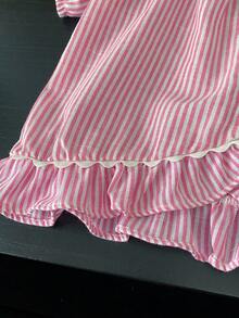 2pcs/Set Girls Striped Petal Sleeve Blouse And Shorts Set, Summer - Pink - View 6