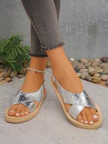 青少年平底凉鞋，软底舒适沙滩凉鞋，轻便时尚搭扣凉鞋 - 銀色 - 查看 5