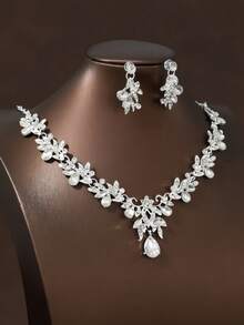 3pcs Women's Bridal Wedding Necklace, Earrings Jewelry Set And Elegant Party Accessories - Silver - View 2