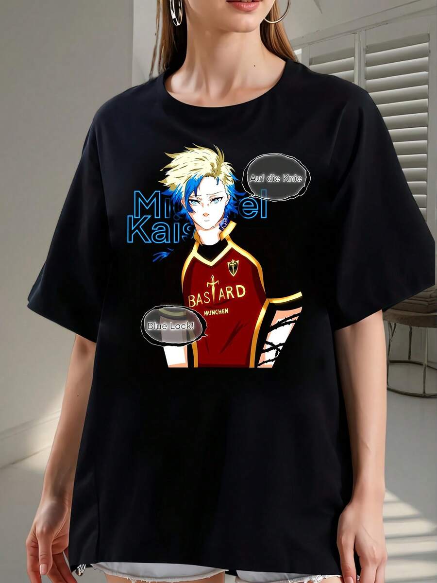Michael Kaiser's Blue Lock "Auf Die Knie" Anime Graphic Tee, Short-Sleeved, Crew Neck, Oversized Style, Unisex Streetwear With Anime Print 2026 - Made Of Pure Cotton, It's Soft And Breathable, Suitable For Both Men And Women. It's A Casual Shirt Suitable For All Seasons And A Stylish Souvenir. It's Suitable For Everyday Wear, Streetwear Enthusiasts, And Music Lovers. - 黑色 - 查看 1
