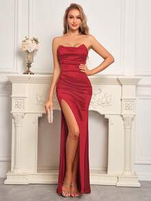 Elegant Women's Satin Strapless Long Evening Gown With High Slit, Perfect For Formal Parties And Celebrations - Burgundy - View 6