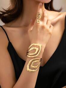 2pcs Fashionable Hollow Geometric Design Metal Minimalist Style Adjustable Bracelet & Ring Jewelry Set For Women - Yellow Gold - View 1