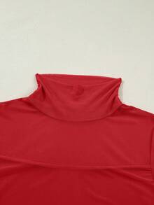 Acelitt Top elegant pentru femei, roșu aprins, culoare solidă, transparent, cu imprimeu din plasă, guler înalt, croială slim fit, mânecă lungă, vară casual, primăvară - roșu - Vizualizare 6