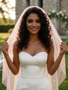 1pc Pink Short Pearl Veil, Single Layer Elbow Length With Metal Comb, Bridal Wedding Veil - Multicolor - View 3