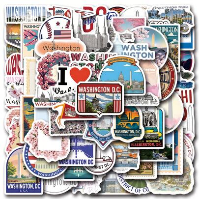 62张华盛顿特区贴纸，节日派对贴纸，成人游戏零食课堂手工制作礼品，可用于杯子、剪纸窗户装饰、汽车、笔记本电脑、水瓶、手机、滑板、行李箱等。