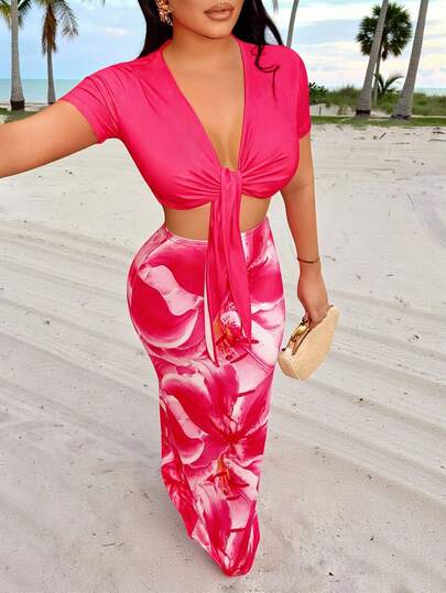 AIJ Amarilo 女士夏季沙滩两件套，优雅度假风编织图案。上衣为纯色系带款，下装为美人鱼裙款式，适合休闲度假、外出和旅行。