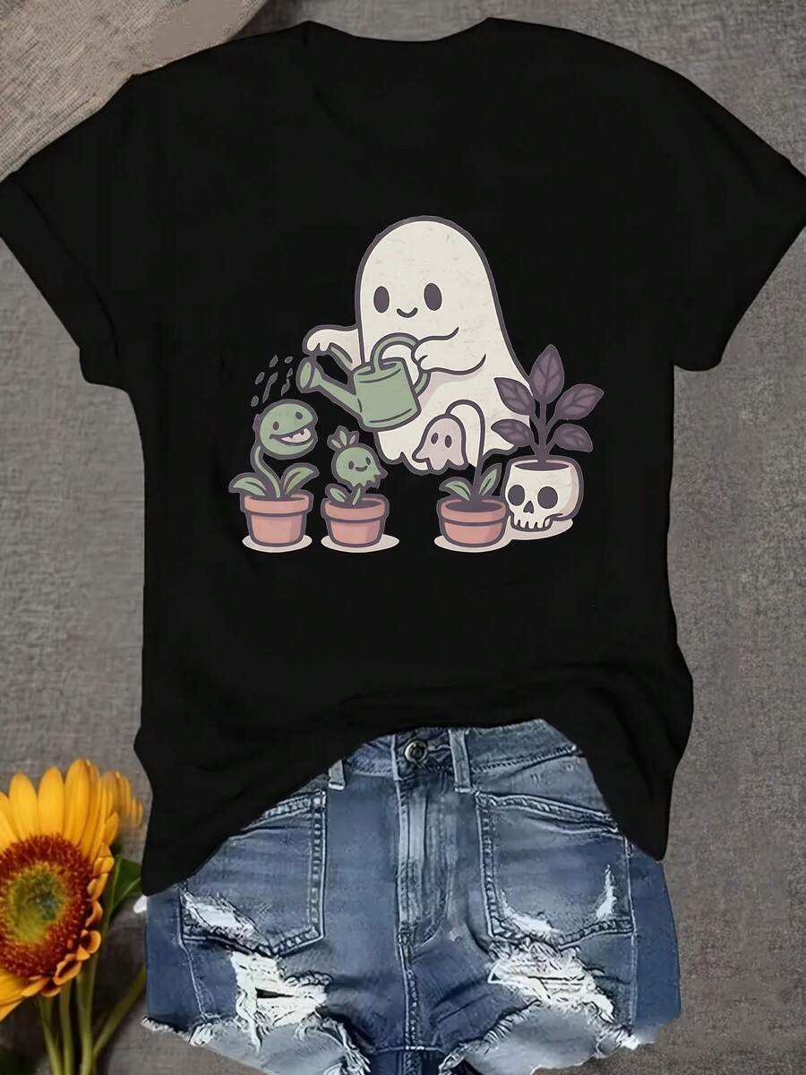 Plus Size - Plus Size - Adorable Halloween-Themed Garden Tee For Women - Features Cheerful Ghosts, Cacti, And Skull-Shaped Flower Pots, Perfect For Casual Gatherings (Halloween Apparel) - Charming Plant Design - 黑色 - 查看 1