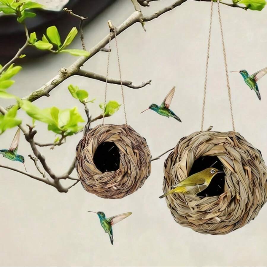 2个手工编织蜂鸟巢 - 非常适合户外花园和庭院,球形设计,舒适的筑巢环境,天然植物编织鸟笼 - S - 查看 1