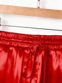 1 pieza Pantalón con cordón de tela tejida de unicolor, adecuado para vacaciones, escuela, fiesta, aeropuerto, actuación en el escenario, otoño/invierno con acabado brillante de primavera - Rojo - Ver 4