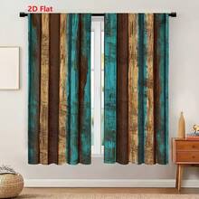 2pcs Weathered Distressed Vertical Wooden Planks Curtains, Teal Turquoise Tan And Chestnut Colors Vintage Rustic Pattern, Polyester Fabric, Light Filtering Privacy Drapes, Industrial Farmhouse Style For Bedroom Living Room Decor, 2D Flat - 彩色 - 查看 4