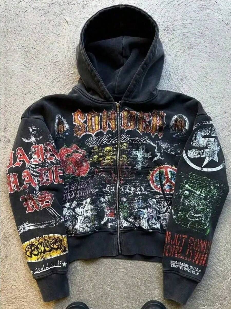 Vintage Graphic Zip Hoodie With Distressed Typography - Oversized Streetwear Featuring Skeleton Motif And Sleeve Print Panels, Brushed Cotton Pullover - Black - View 1