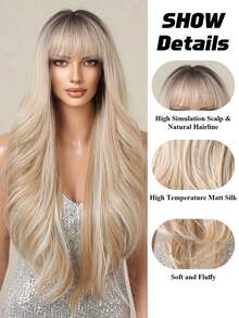 Ombre Flax Gold Long Straight Synthetic Wigs For Women Natural Wave Platinum Blonde Highlight Wigs With Bangs Heat Resistant Cosplay Hair - Multicolor - View 9