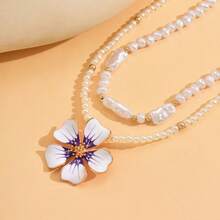 2pcs/Set Irregular Faux Pearl Handmade Beaded Necklace, Double-Layer Purple Glazed Flower Pendant Necklace, Versatile Design Suitable For Daily Wear, Dates, Parties And Music Festivals - Multicolor - View 6