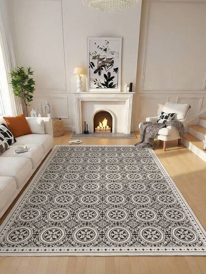 1 件黑白复古印花客厅装饰地毯，绒面材质，触感柔软舒适，易于保养，防水防污，防滑底背，适用于大堂、卧室、客厅、浴室、厨房、餐厅、办公室、房间装饰和门垫，节日庆典。