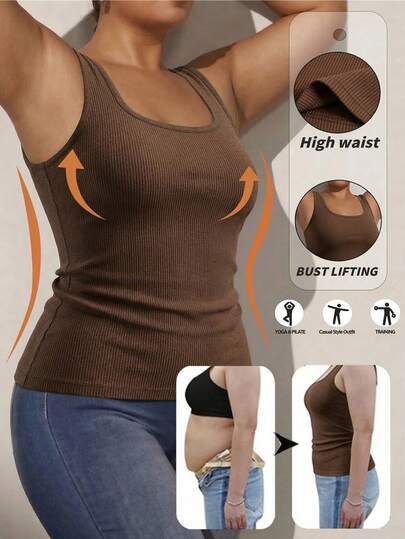 Plus Size Women's Seamless Ribbed Crew Neck Sleeveless Shaping Camisole, Slimming Workout Top, Suitable For Layering With Shirts For Fitness And Casual Wear