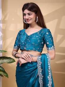 Estationeryhouse Satin Saree With Silver Embroidery With Heavy Embroidered Unstitched Blouse - Green - View 1