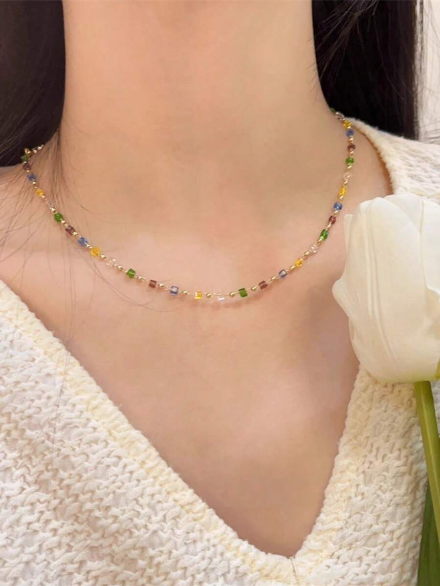1pc Elegant Multicolor Beaded Necklace, Delicate Dainty Choker Necklace For Women, Versatile & Graceful For Daily Wear - Multicolor - View 1