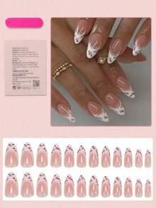 24pcs Medium Almond Shaped Nail Stickers, White French Pointed Tip, Floral Pattern, Fashionable Full Coverage, Suitable For Women & Girls Daily Wear, Summer Nail Art Nails Nail Supplies - 彩色 - 查看 4