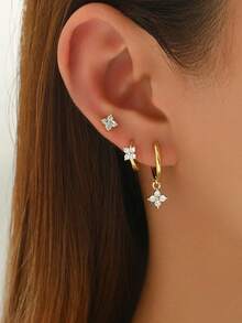 3 Pairs (6pcs) Delicate, Elegant, Slender Four-Leaf Clover Pendant Hoop Earring Set, Women's Jewelry Accessories, Gift For Her - Gold - View 7