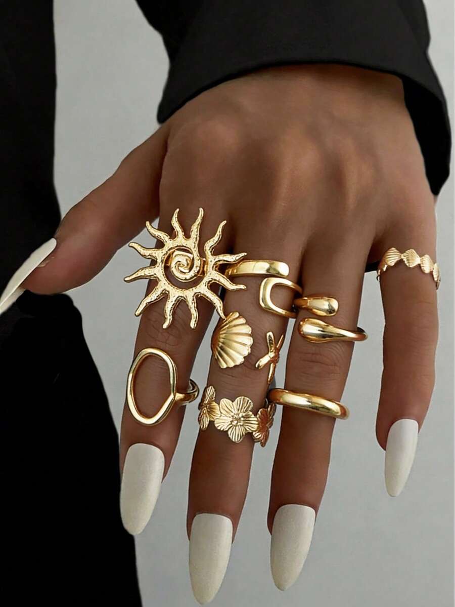 8件套女士金色戒指，时尚优雅休闲个性化波西米亚风花朵太阳不对称宽边戒指套装，适合女士假日派对约会日常旅行拍照搭配服装，新款百搭 - 金黃色 - 查看 1
